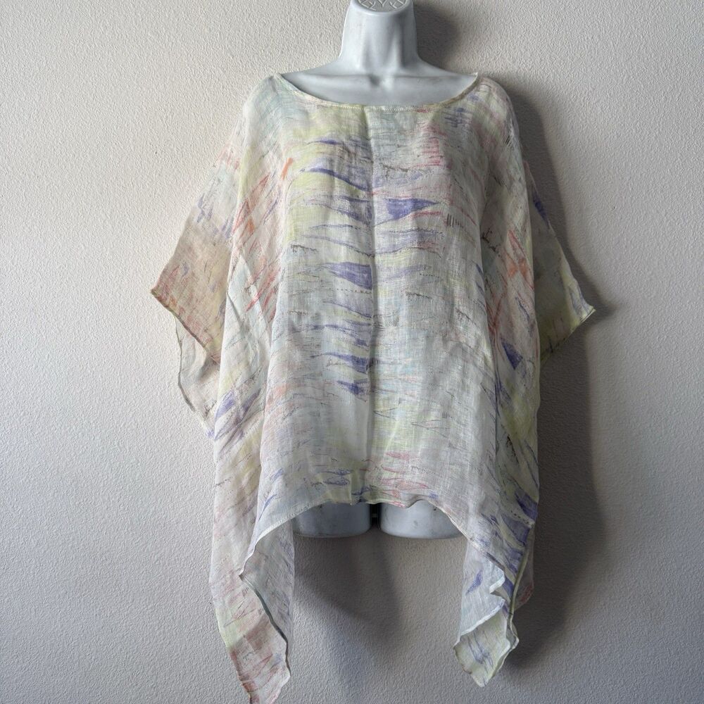 Chicos 100% Linen Poncho Top S/M Pastel Watercolor Beach Cruise Coastal Blouse